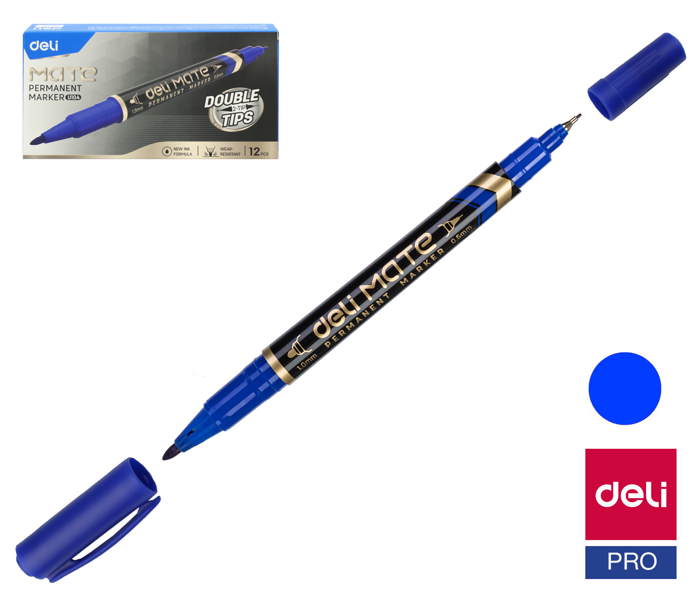 Popisovač DELI EU10430 modrý oboustranný permanent (3616)
