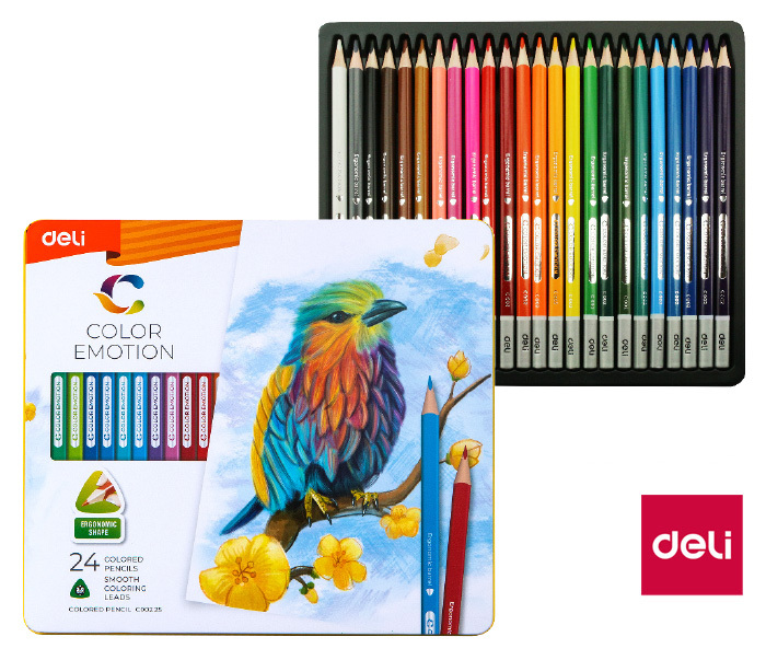 Pastelky DELI trojhranné 24 barev Color Emotion kovové pouzdro EC00225